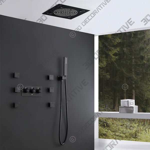 3 Function Large Shower System with Body Spray and LED Light Matte Black RB0815 - 3D Decorative