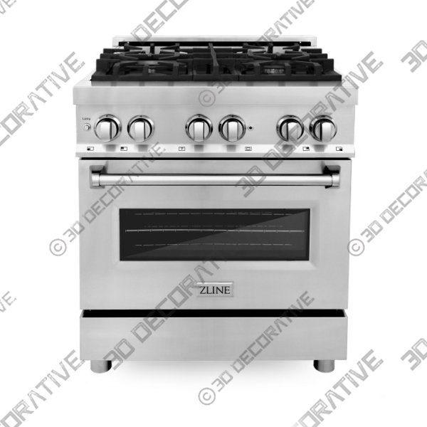 30″ 4.0 cu. ft. 4 Gas Burner/Electric Oven Range, Stainless Steel, RA30 - 3D Decorative