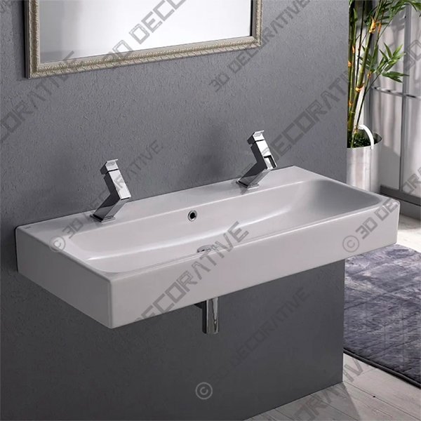 Ceramic Rectangular Vessel Bathroom Sink with Overflow - 3D Decorative