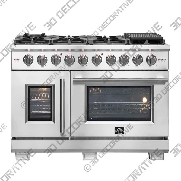 Forno 48-Inch Capriasca Gas Range with 8 Burners, 160,000 BTUs, French Door Gas Oven in Stainless Steel (FFSGS6460-48)- 3D Decorative