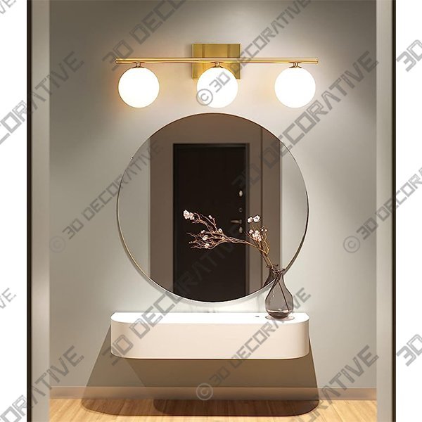 Gold Bathroom Vanity Light Fixtures,3 Lights Brass Milk White Globe Glass Shade - 3D Decorative