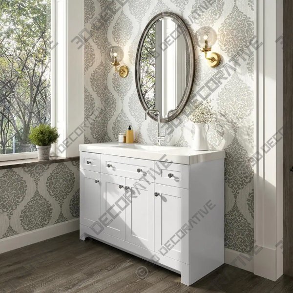 H Single Sink Freestanding Bath Vanity in White - 3D Decorative