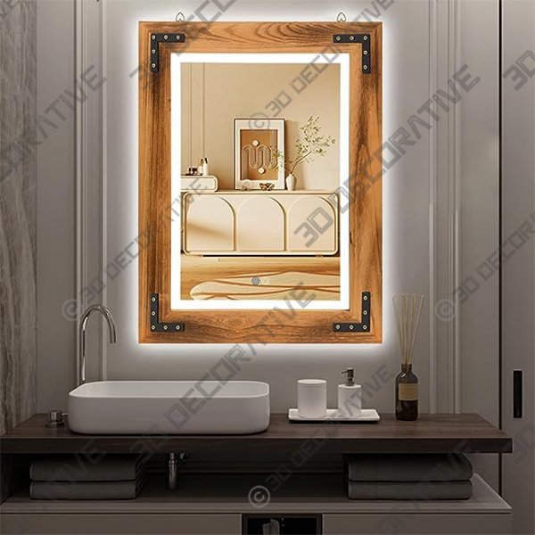 kenvc Rustic Bathroom Mirror with 3-Color LED Light,32″ x 24″ Wood Bathroom MirrorDetach - 3D Decorative