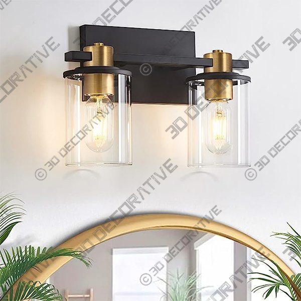 stambord 2 Light Bathroom Vanity Light, Black and Gold Bathroom Light Fixtures, Sconces Wall Lighting with Glass Shade - 3D Decorative