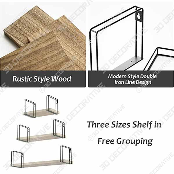 SRIWATANA Rustic Floating Shelves, Wood Wall Shelves Set of 3, Wall Mounted Storage Shelves - 3D Decorative