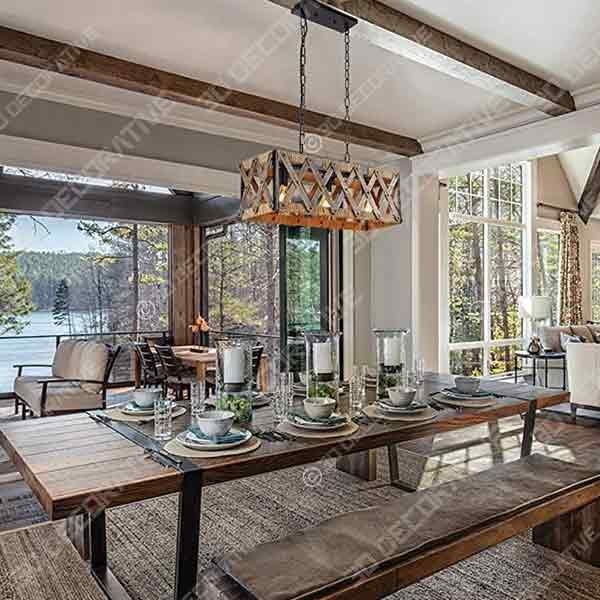 Anmytek Square Metal and Wood Chandelier Basket Pendant Three Lights - 3D Decorative