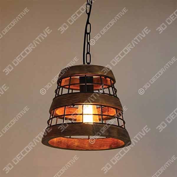 Anmytek Wood and Metal Chandelier Iron Net Frame Rustic Chandelier Lighting - 3D Decorative