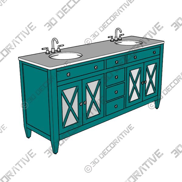 Double Sink Freestanding Bath Vanity in Teal Blue with White Marble Top