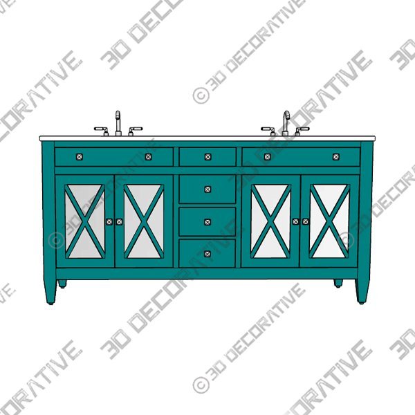 Double Sink Freestanding Bath Vanity in Teal Blue with White Marble Top  - 3D Decorative