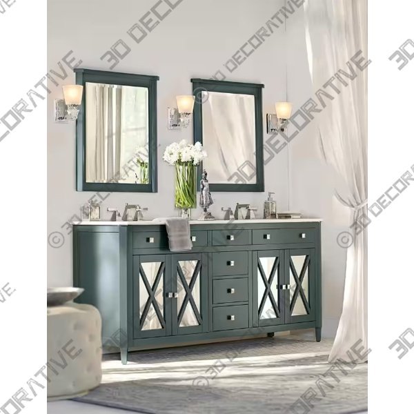 Double Sink Freestanding Bath Vanity in Teal Blue with White Marble Top  - 3D Decorative