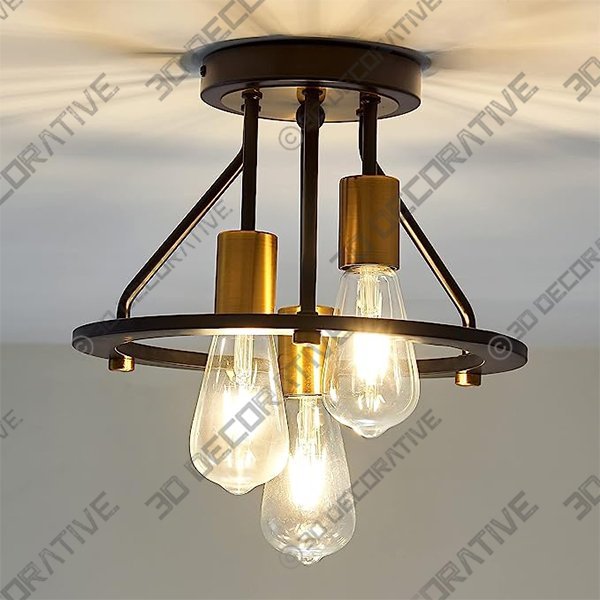 OQIZUEY Industrial Semi Flush Mount Ceiling Light Fixture 3-Light Matte Black and Gold - 3D Decorative