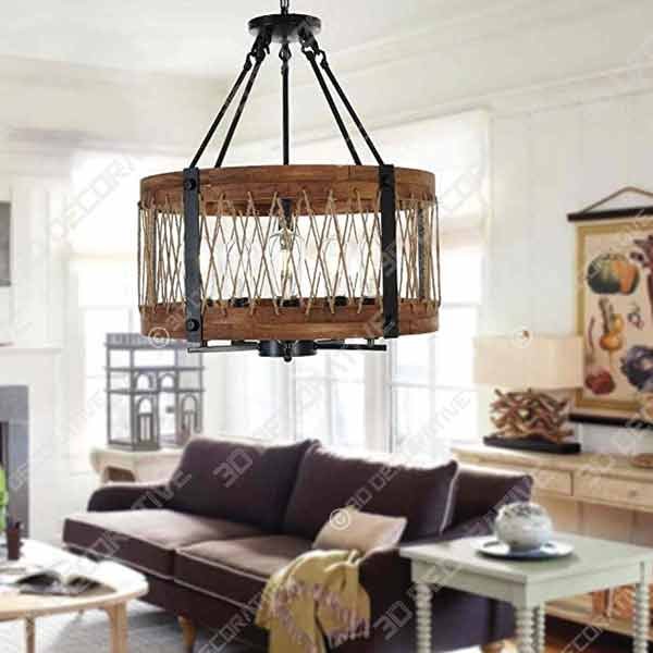 DERALAN Modern Rustic Chandelier Round Wood Five Lights  - 3D Decorative