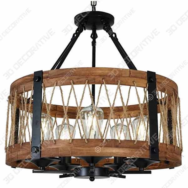 DERALAN Modern Rustic Chandelier Round Wood Five Lights  - 3D Decorative