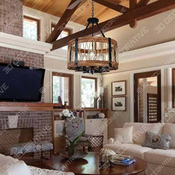 DERALAN Modern Rustic Chandelier Round Wood Five Lights  - 3D Decorative