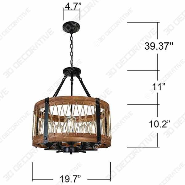 DERALAN Modern Rustic Chandelier Round Wood Five Lights  - 3D Decorative