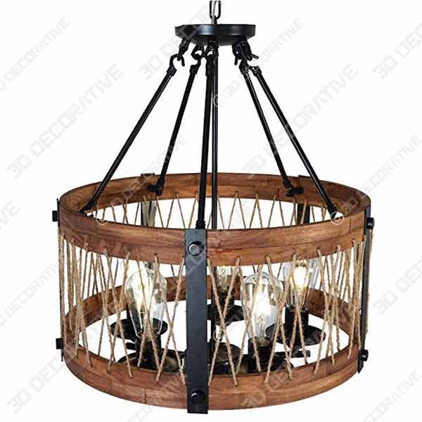 DERALAN Modern Rustic Chandelier Round Wood Five Lights  - 3D Decorative