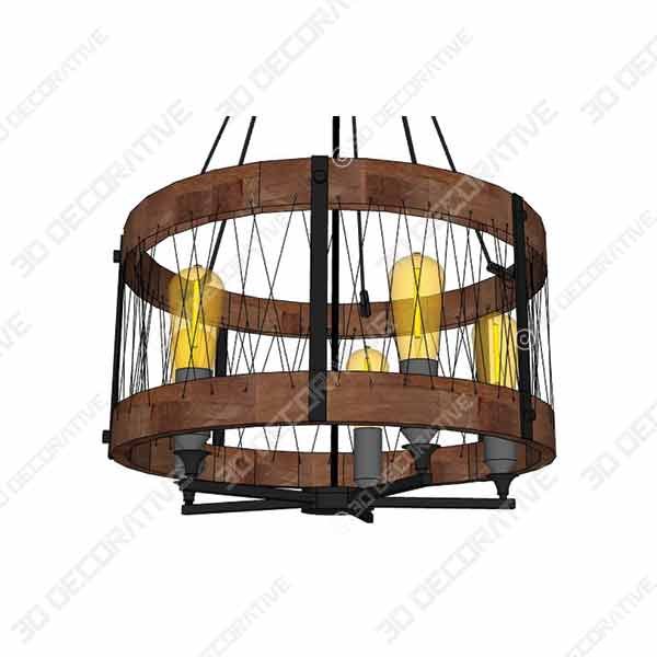 DERALAN Modern Rustic Chandelier Round Wood Five Lights  - 3D Decorative