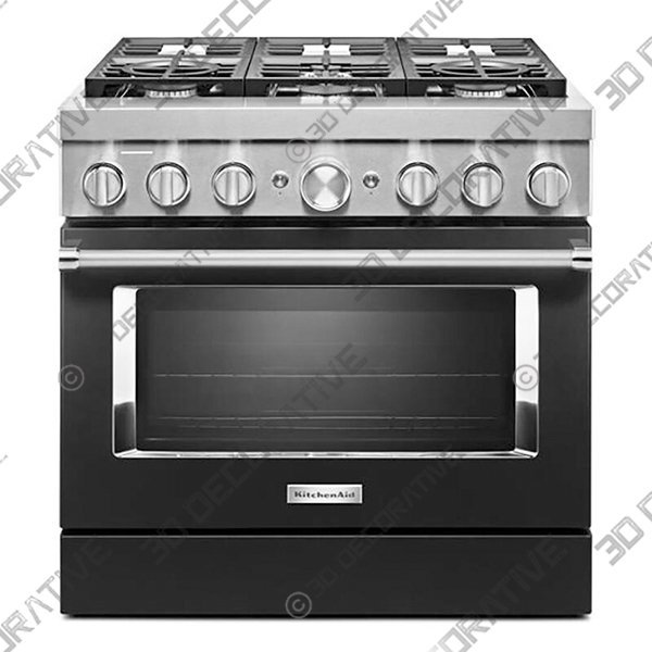 KitchenAid 36 in. 5.1 cu. ft. Smart Convection Oven Freestanding Dual Fuel Range with 6 Sealed Burners – Black - 3D Decorative