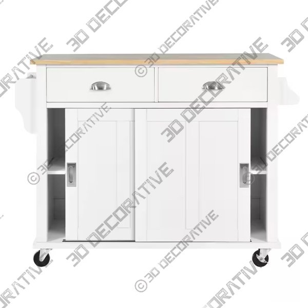 White Kitchen Island Rubber Wood Drop-Leaf Countertop Sliding Barn Door Adjustable Height on 4-Wheels and 2-Drawers - 3D Decorative