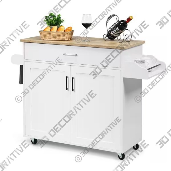 Rolling Kitchen White Island Cart Storage Cabinet with Towel and Spice Rack - 3D Decorative