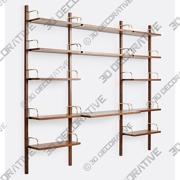 Hart Modular Walnut Triple 12-Shelf With 36" Desk - 3D Decorative