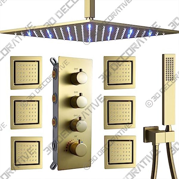 AYIVG 12 Inich LED Ceiling Mount Thermostatic Rainfall Shower System Shower Faucets sets - 3D Decorative