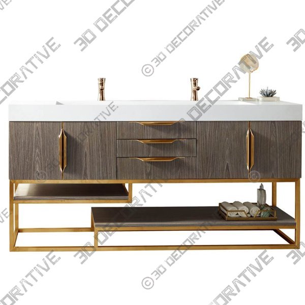 James Martin Columbia 72″ Double Vanity, Ash Gray, Radiant Gold - 3D Decorative