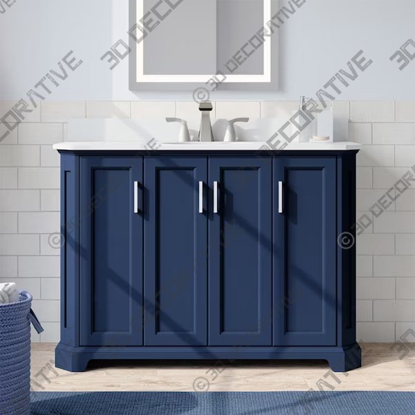 Navy Blue Undermount Single Sink Bathroom Vanity with White Engineered Stone Top  - 3D Decorative