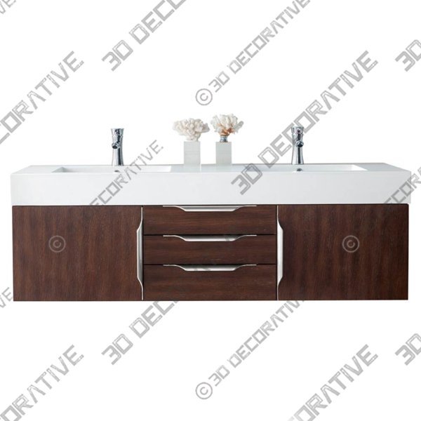 James Martin Mercer Island 59″ Double Vanity, Coffee Oak – Brushed Nickel Trims - 3D Decorative