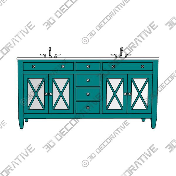 Double Sink Freestanding Bath Vanity in Teal Blue with White Marble Top - 3D Decorative