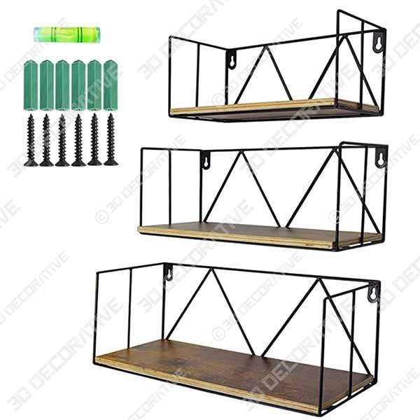 Floating Wall Shelves Set of 3, Black Metal Wire Hanging Rustic Storage Shelf Decor Organizer - 3D Decorative