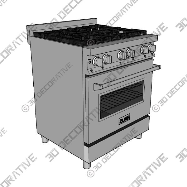 30″ 4.0 cu. ft. 4 Gas Burner/Electric Oven Range, Stainless Steel, RA30 - 3D Decorative