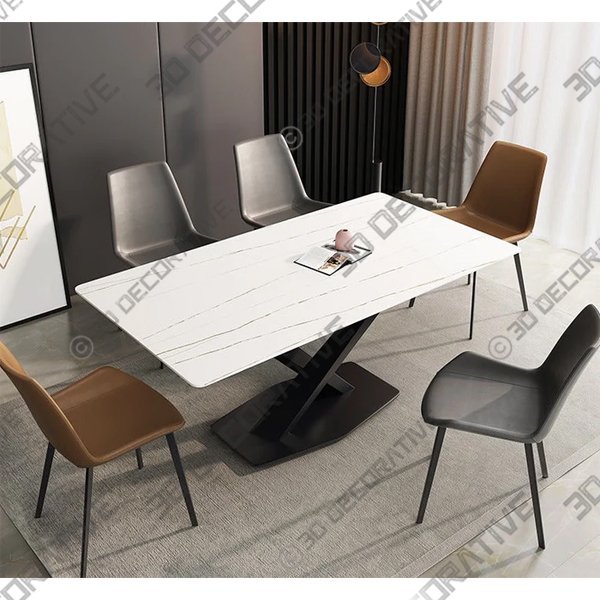 63" Modern Dining Table, White Sintered Stone Tabletop Dining Table - 3D Decorative