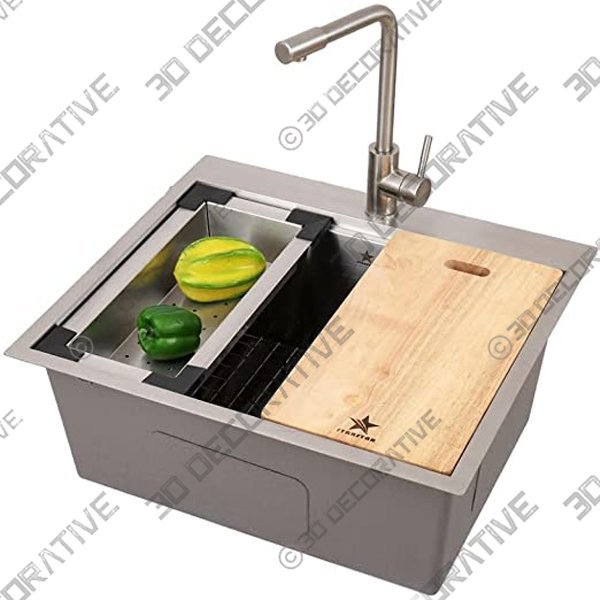 STARSTAR Workstation Ledge Top Mount/Drop-in 304 Stainless Steel Luxury Single Bowl For Kitchen,Yard, Office, Bar, Laundry SinkĀ - 3D Decorative