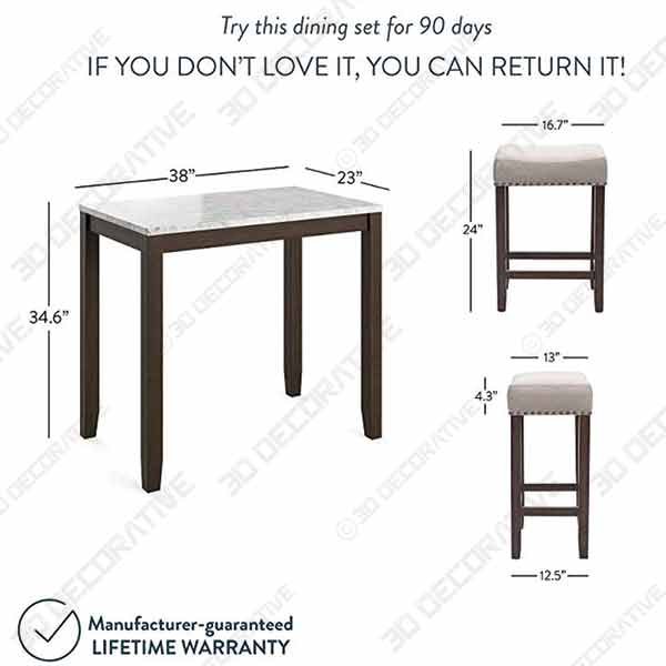 Nathan James 41202 Viktor Dining Set Kitchen Pub Table Marble Top Fabric Seat - 3D Decorative