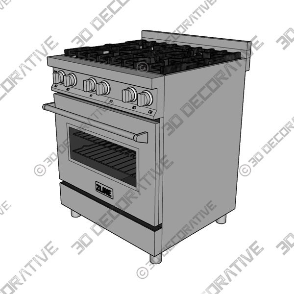 30″ 4.0 cu. ft. 4 Gas Burner/Electric Oven Range, Stainless Steel, RA30 - 3D Decorative