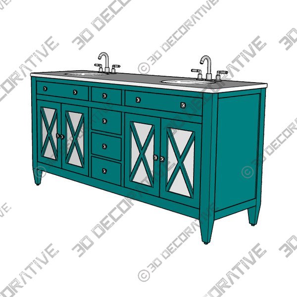 Double Sink Freestanding Bath Vanity in Teal Blue with White Marble Top - 3D Decorative