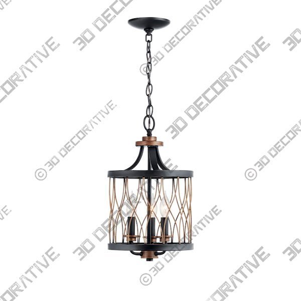 Kichler Brookglen 3-Light Black with Gold Tone French Country/Cottage Drum Mini Pendant Light - 3D Decorative
