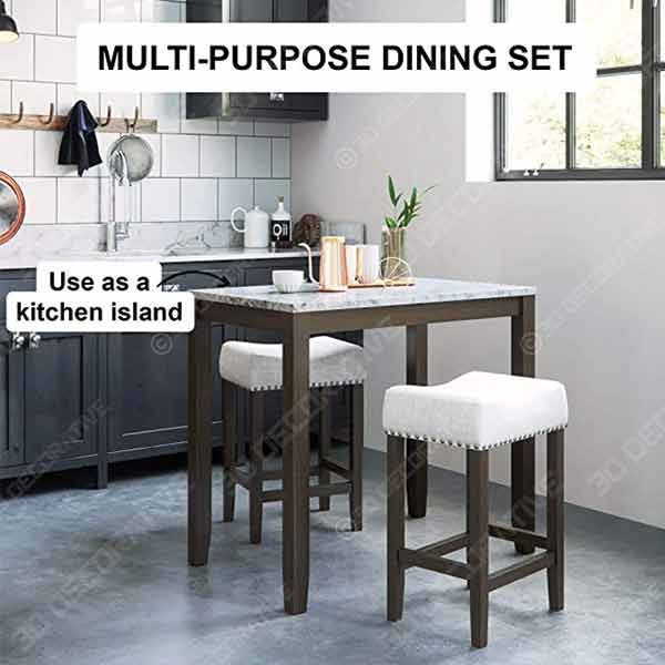 Nathan James 41202 Viktor Dining Set Kitchen Pub Table Marble Top Fabric Seat - 3D Decorative