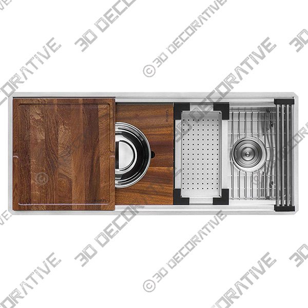 Ruvati 45-inch Workstation Two-Tiered Ledge Kitchen Sink Undermount 16 Gauge Stainless SteelĀ - 3D Decorative