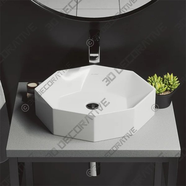 Brusque Glossy Ceramic Vessel Bathroom Sink with Overflow - 3D Decorative