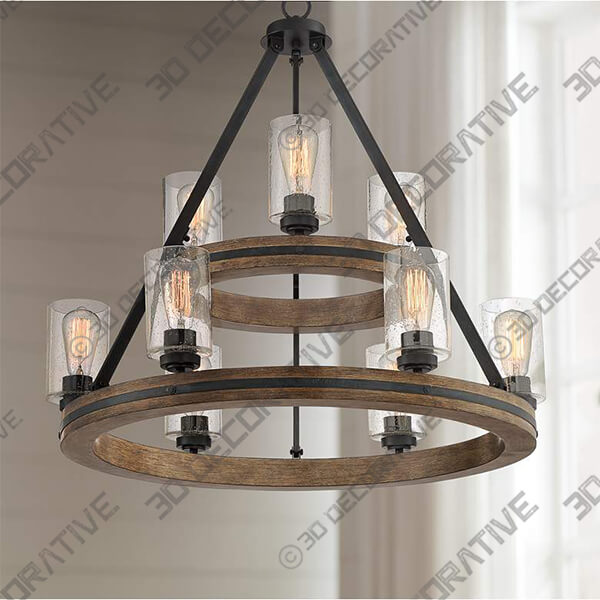 Franklin Iron Gorham 32 Wagon Wheel 2-Tier 9-Light Ring Chandelier - 3D Decorative