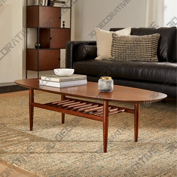 Lenia Walnut Oval Coffee Table - 3D Decorative