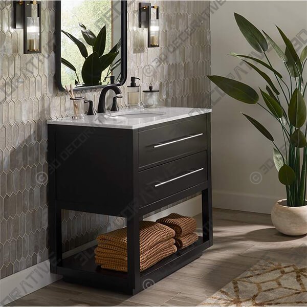 Marcello 32 Wide Black and White Marble 1-Drawer Single Sink Vanity - 3D Decorative