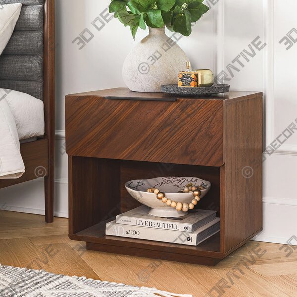 Nera Walnut 1-Drawer Nightstand - 3D Decorative
