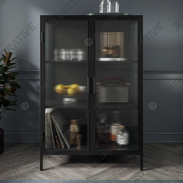 Stannis Tall Cabinet Black, Ribbed Glass - 3D Decorative