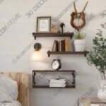 Rustic Brown 3 Piece Pine Floating Shelf  -3D Decorative