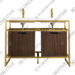 47 Boston Double Sink Console, Radiant Gold w Mid Century Walnut Storage