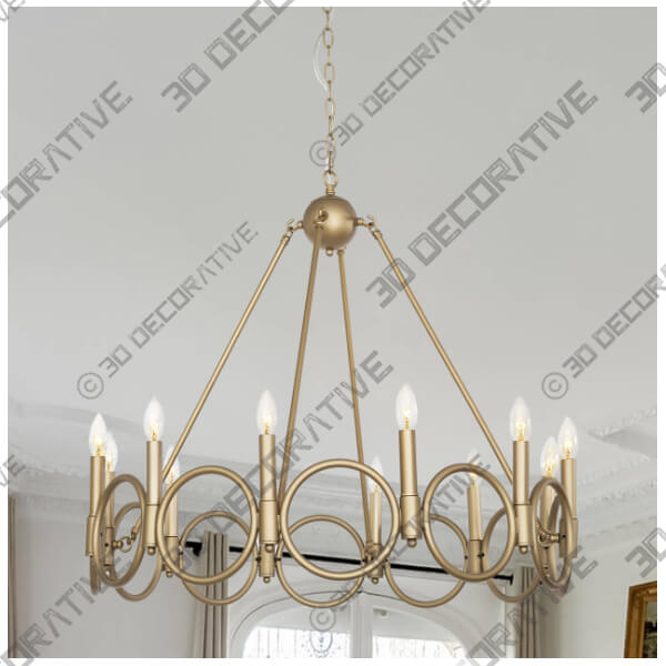 12 Light Wagon Wheel Candle Style Chandelier, Brass Dust 12 Light Wagon Wheel Candle Style Chandelier, Brass Dust - 3D Decorative