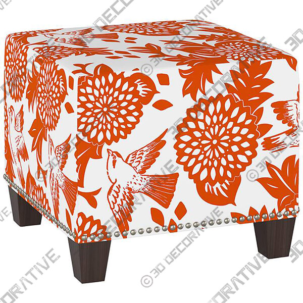 Wilding Garden Bird Orange Fabric Nail Button Square Ottoman - 3D Decorative